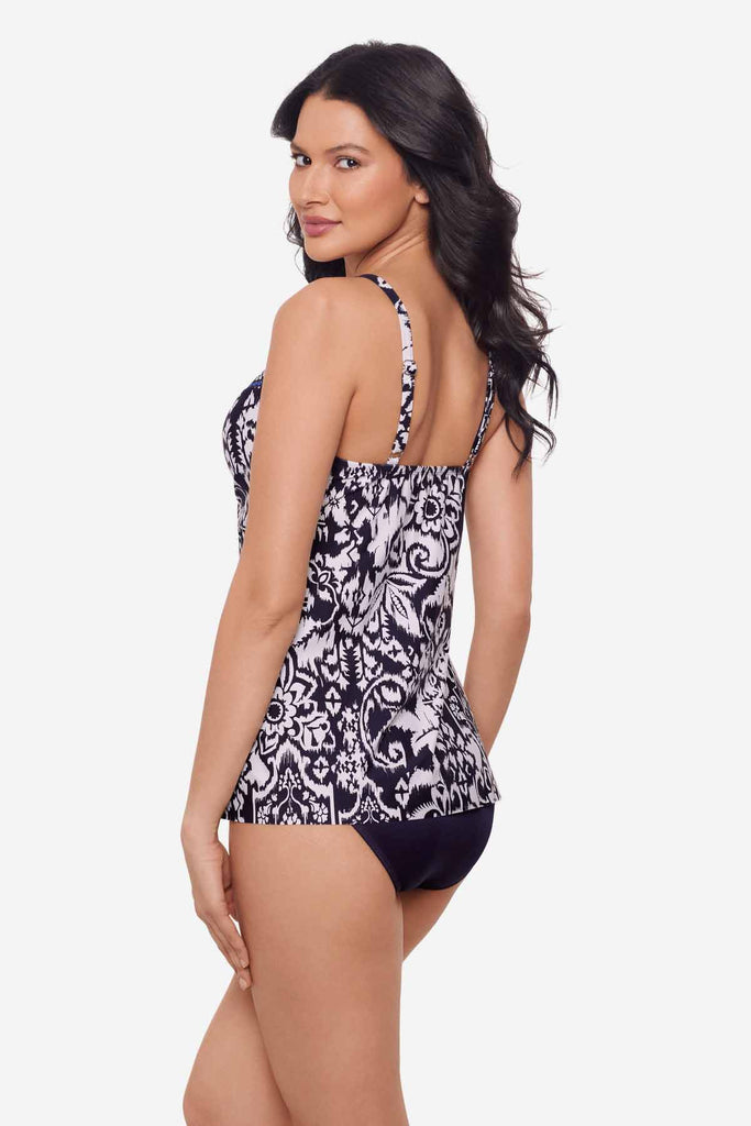 Woman turned left to show detail of tankini top