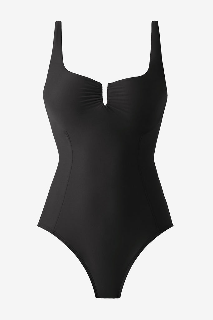 Black one-piece swimsuit with a slit at the neckline