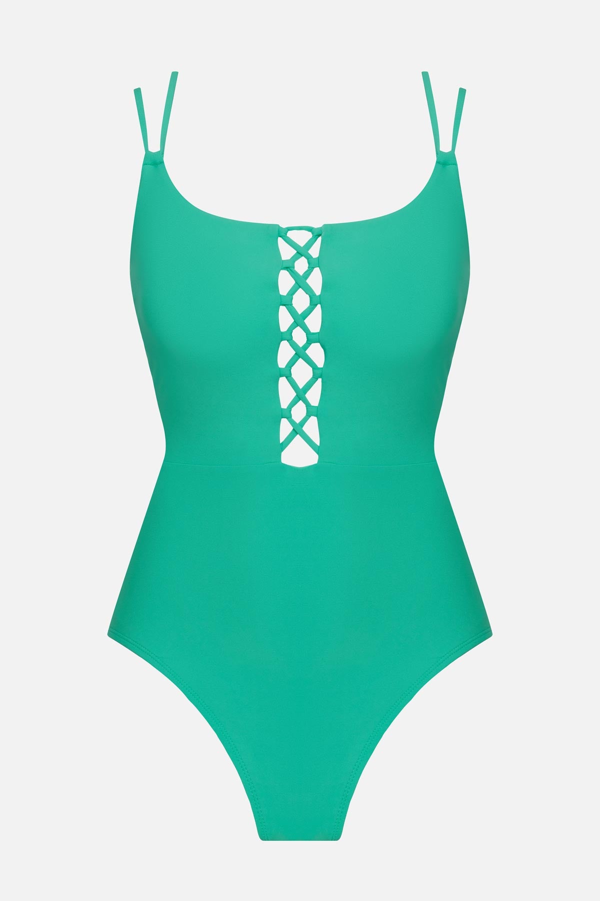 Seafoam green one-piece swimsuit with double straps and lattice front