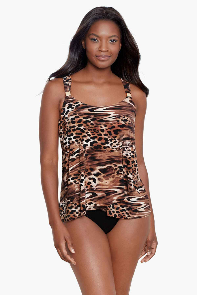Woman in a printed dazzle tankini top.